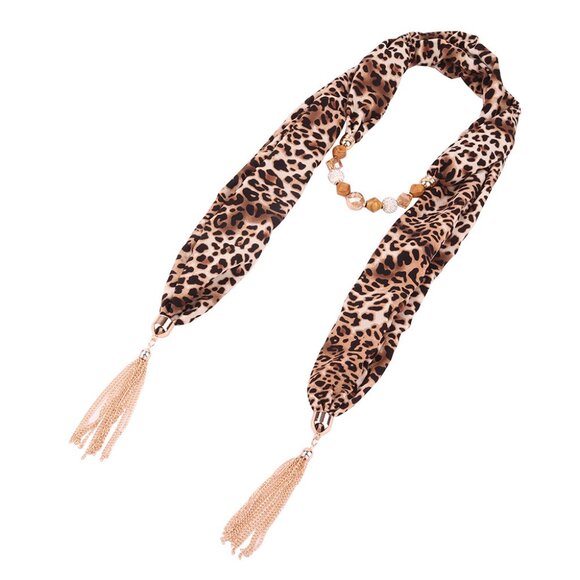 2/$30 Brown Leopard Print Scarf Necklace with Beaded Chain Tassel Pendant - Picture 4 of 5